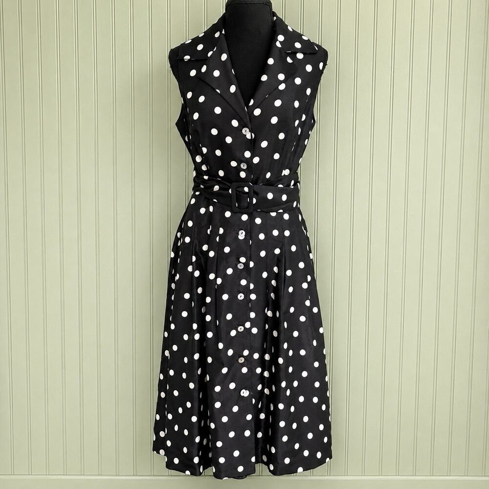 Jessica Howard Polka Dot Dress Size 10 Black White Belt Button Front Midi Retro